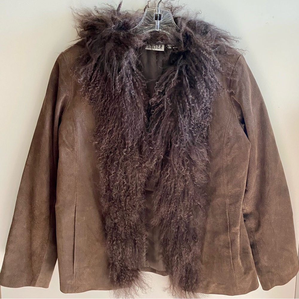 Vintage Chico’s Designs Chocolate Brown Leather Jacket with Mongolian Fur Trim